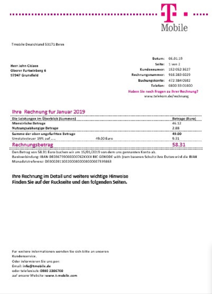 Germany T Mobile utility bill